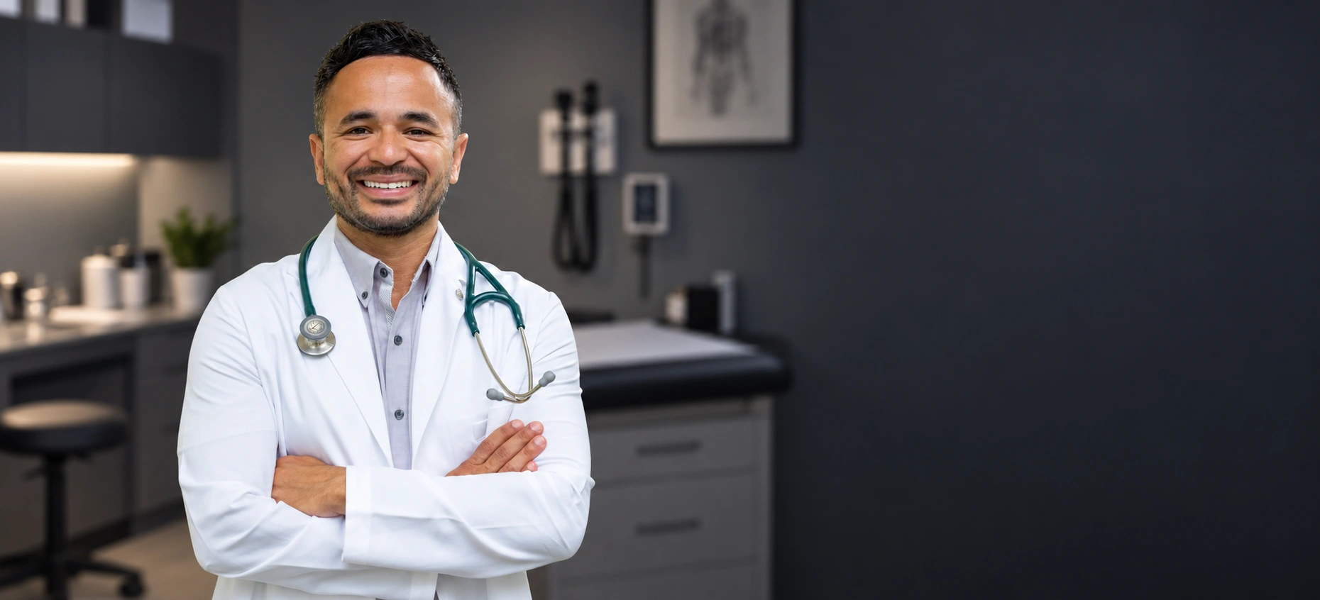 Alexander Acevedo facing forward with a warm smile and arms crossed in the clinic